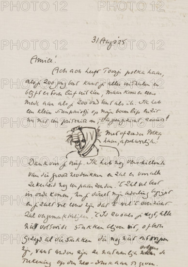 Letter to Willem Bogtman, letter, writer (clerical worker): Richard Nicolaüs Roland Holst, 1925-08-31, writer (clerical worker), draftsman (artist), materials by function, paper, ink, writing (processes), pen, height 425 mm x width 425 mm, Person, De Bijenkorf, Jan Frederik Staal, Piet L. Kramer, Willem Bogtman, drawing, head (human), applied arts, arts and crafts, industrial design, diseases, London, Paris, Rotterdam, Breda, Haarlem, A page of aged beige paper with dark brown handwritten lines across it and a small pen sketch of a person near the center left wearing a headscarf with visible facial features and expressive lines, surrounded by flowing cursive handwriting that varies in thickness and slant, with faint impressions of writing visible through the paper and slight discoloration along the top edge.