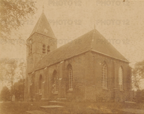 Southeast side of the Reformed Church in Westerwijtwerd, photograph, annotation: 'Westerwijtwerd, municipality of Middelstum', annotation: 'Church in Westerwijtwerd, SE view, July 1897, (municipality of Middelstum)', Westerwijtwerd, 1897, photographer, Attributed to, paper, pasteboard, albumen print, height 170 mm x width 216 mm, church (exterior), A sepia-toned photograph showing a brick church with a steep tiled roof and a square bell tower topped by a pointed spire, arched windows with multiple panes along the side wall, narrow roof dormers, and surrounding trees with foliage partially visible against a textured sky.