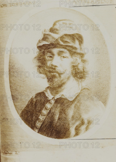 Photo reproduction of a print depicting a portrait of Jacques Jordaens by an unknown printmaker, photograph, reproduction, :, after print by unknown, after design by Joachim von Sandrart (I), after painting by Jacques Jordaens, 1880 - 1940, unknown, photographer, after print by, paper, daylight collodion silver print, height 174 mm x width 124 mm, portrait, self-portrait of painter, A sepia-toned oval portrait of a man with curly hair and a mustache and beard, wearing a soft, slouchy hat and a collared shirt under a textured jacket with a row of decorative buttons, set against finely lined concentric shading within the oval and surrounded by a pale background.
