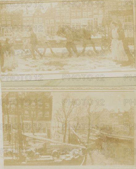 Photo reproductions of four paintings by George Hendrik Breitner, photograph, reproduction, Amsterdam, after painting by George Hendrik Breitner, 1880 - 1940, photographer, paper, pasteboard, daylight collodion silver print, daylight collodion silver prints mounted on green cardboard, height 362 mm x width 272 mm, city-view, and landscape with man-made constructions, A faded sepia-toned image shows two horizontal scene panels separated by a decorative border; the upper panel depicts a snowy street with a horse-drawn carriage moving along a road in front of a row of tall narrow buildings with many windows, and there are figures standing near the carriage including a woman in a long dress and another figure nearby; the lower panel shows a canal scene with leafless trees along the water, buildings lining the canal, a moored boat, and steps leading down to the water, all rendered with soft, painterly brushstrokes and an overall weathered, aged appearance.