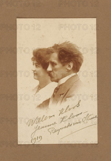 Portrait of Jeanne Henriette Reine Reyneke van Stuwe and Willem Kloos, photograph, name: 'Willem Kloos, Jeanne Kloos-, Reyneke van Stuwe, 1919', inscription: 'HC DEN DRYVER.', photographer: Hendrik Cornelis den Drijver (signed by artist), The Hague, 1919, paper, pasteboard, matte daylight collodion silver print, height 140 mm x width 89 mm, Person, Jeanne Henriette Reine Reyneke van Stuwe, Willem Kloos, writer, poet, author, A sepia-toned photograph mounted on a darker mat shows two portrait profiles overlapping, a woman positioned slightly behind a man; the woman has short wavy hair and a soft expression, wearing a light-colored garment with a visible collar, while the man in front has tousled hair, a mustache, and is dressed in a suit jacket with a shirt and tie. The photographic paper displays age spots and slight discoloration. The darker mat frames the lighter photograph with a narrow border visible around its edges.