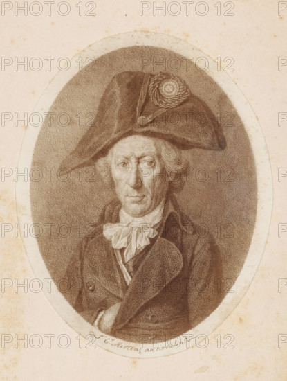 Photo reproduction of a drawing depicting a portrait of Hendrik Nobbe by Johannes Cornelis Mertens, photograph, reproduction, annotation: 'Hendrik Nobbe', workshop stamp: 'C. van der AA, Hof-Photograaf, LANGESTRAAT A 30, ALKMAAR', :, photographer: Camillus Franciscus van der Aa, Alkmaar, after drawing by Johannes Cornelis Mertens, c. 1887 - 1915, paper, pasteboard, daylight collodion silver print, height 146 mm x width 115 mm, Person, Hendrik Nobbe, historical persons, A sepia-toned oval portrait of an older man wearing a large tricorne hat with a rosette decoration, visible from the chest up against a textured background, showing a high collared coat and a loosely tied neckcloth, with wavy hair at the temples and a solemn facial expression.
