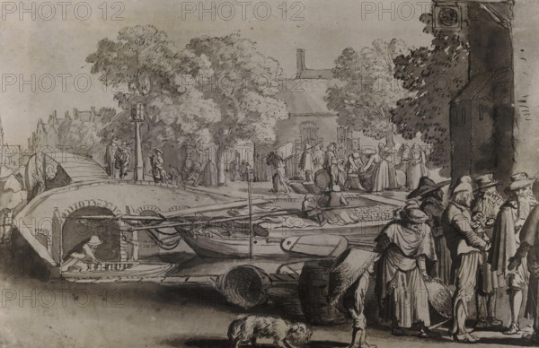 Photo reproduction of a drawing of a street scene in Haarlem by Esaias van de Velde, photograph, reproduction, annotation: 'E. vd Velde, Haarlem, 1902, A 4706', after drawing by Esaias van de Velde, photographer, paper, pasteboard, gelatin silver print, developing gelatin silver print, height 180 mm x width 237 mm, street (city(-scape) with figures, staffage), A riverside scene rendered in monochrome ink wash showing a stone bridge with an arched opening and boats moored along the water; figures stand and sit on the bridge and along the quay, some wearing wide-brimmed hats and cloaks, others in long dresses and aprons, with a cluster of people engaged near baskets and barrels at the water's edge; trees with leafy canopies rise behind the bridge in front of a building with a pitched roof and shuttered windows, while on the right a darkened wall and foliage frame a group of standing men in hats and beards; in the foreground a small dog walks near barrels and a coiled rope, and a person i...