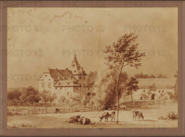 Photo reproduction of a painting of a view of Rijckholt Castle, photograph, reproduction, number: ''23.82', annotation: 'Kasteel te Rijkholt, Limburg', after painting by anonymous, 1890 - 1923, photographer, after painting by, paper, pasteboard, daylight collodion silver print, height 239 mm x width 299 mm, landscape with tower or castle, Rijckholt, A sepia-toned landscape drawing showing a large building complex with a multi-level central structure topped by a steep roof and decorative spire, flanked by adjoining wings and archways; trees and shrubbery surround the buildings and a tall slender tree stands prominently in the foreground; a fenced pasture stretches across the lower area with several grazing and resting cows; a low horizon and an expansive sky with a few small flying birds fill the upper portion; the scene is bordered by a simple rectangular mat and frame.
