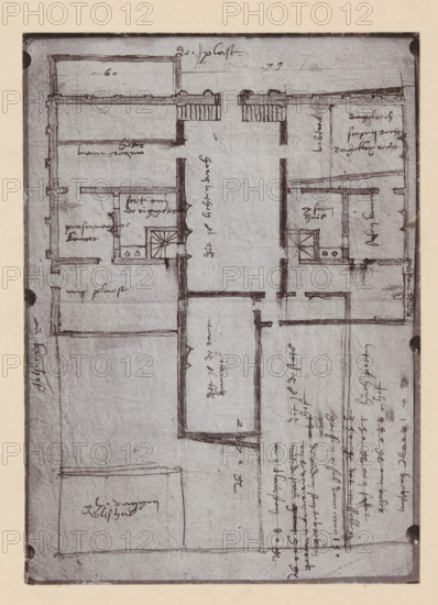Photographic reproduction of a map of the Utrecht City Hall, photograph, reproduction, annotation: 'Stadhuis Utrecht', after design by anonymous, 1880 - 1910, photographer, paper, pasteboard, daylight collodion silver print, height 300 mm x width 241 mm, townhall, A vertical, hand-drawn architectural plan on aged paper showing rectangular rooms and corridors outlined in dark ink, with short interior walls, door openings, and a small square stairwell marked by radial lines, surrounded by handwritten notes and annotations in a cursive script; the drawing includes thicker border lines, several small shaded areas, and faint smudges and creases on the paper, with dark circular reinforcement marks along the left and right edges.