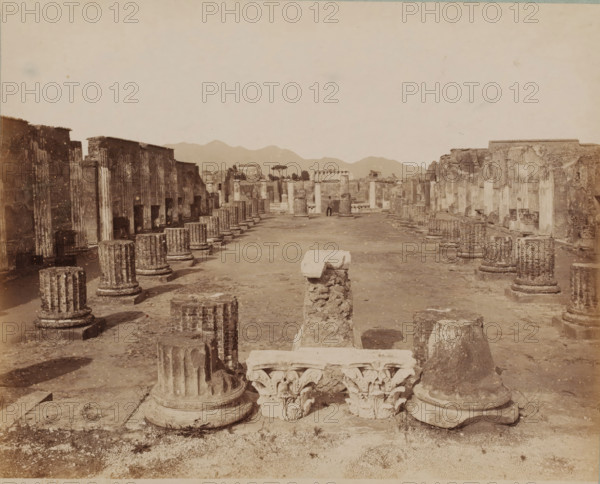 Basilica, View of the ruins of the Basilica in Pompeii, Italy, Pompei, photograph, collector's mark: 'VOSMAER', number: '1294.', photographer: Giorgio Sommer, Pompeii, 1857 - 1875, Giorgio Sommer, photographer, pasteboard, paper, albumen print, height 314 mm x width 421 mm, church (exterior), ruin of a building, architecture, landscape with ruins, A wide archaeological site with rows of weathered stone columns and column fragments arranged along a central open area, fluted cylindrical column drums standing on round bases, carved capitals with acanthus motifs placed near the foreground, and broken stone pedestals and blocks scattered on the ground; low ruined walls and building facades with vertical grooves line both sides of the site, leading toward distant structures and a pair of standing columns in the middle distance; a lone tree with a rounded canopy and mountain silhouettes are visible beyond the ruins under a pale sky.