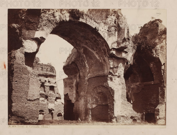 Termi di Caracalla (Roma), Baths of Caracalla, Rome, photograph, inscription: 'p. 1 Dr', collector's mark: 'RICH SCHOOL FOR ART HANDBOOK, GROUP', number: 'No. 1074', photographer: attributed to Giorgio Sommer, 1857 - 1914, Giorgio Sommer, photographer, Attributed to, pasteboard, paper, albumen print, height 320 mm x width 479 mm, ruin of a building, architecture, public baths, Thermes of Caracalla, A sepia-toned photograph showing large ancient stone ruins with massive archways and curved vaults, textured brick and stone surfaces with areas of erosion and missing material, shadowed recesses and dark openings beneath the arches, irregular jagged edges where the structure has broken away, small patches of vegetation growing on top and along some ledges, and a pale sky visible through the largest arch.
