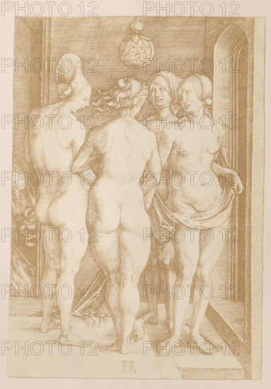 Photo reproduction of an engraving of four naked women by Albrecht Dürer, photograph, reproduction, inscription: 'Vanitas', after print by Albrecht Dürer, c. 1910 - c. 1940, Albrecht Dürer, photographer, after print by, pasteboard, paper, gelatin silver print, developing gelatin silver print, height 188 mm x width 131 mm, height 278 mm x width 205 mm, print, eg: engraving, etching, lithograph, woman (showing herself) undressed, quasi-nude