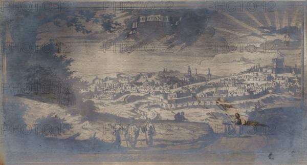 Photo reproduction of a print of the city of Kyustendil in present-day Bulgaria, photograph, reproduction, after print by anonymous, c. 1900 - c. 1930, photographer, after print by, paper, baryta paper, gelatin silver print, gelatin silver development, height 128 mm x width 240 mm, print, eg: engraving, etching, lithograph, Kyustendil, A wide landscape engraving rendered in muted blue and beige tones shows a walled town with clustered buildings, domes, towers, and a prominent fortress on a hill to the right, with radiating lines in the sky near the fortress. In the foreground a winding road and patterned fields lead toward the town, with small groups of figures visible along the path, including a group walking together at the front center and two seated figures to the right. Trees and foliage frame the left and upper edges, and clouds occupy much of the sky with a dark cloud near the top center containing a draped banner. Overall the image has an aged, textured appearance with areas of...