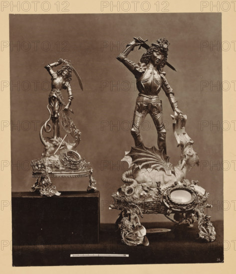 Reliquienbehälter with the figure of salvation. Georg, Two gold-plated silver reliquaries depicting Saint George and the dragon, photomechanical print, number: '36.', number: 'p.11, 3, 15', inscription: 'Blatt 62, Silber und vergoldet. 15. Jahrh., Im Besitze des Herrn Kaminski, Kreisgerichtsrath in Elbing. - 2) Silberner Reliquien-, Behälter with the Figur of Salvation. George. 15 Years. Im Besitz der St. Georgi-, Bruderschaft in Elbing.', Elblag, cliché maker: anonymous, after sculpture by anonymous, printer (person): attributed to Johann Baptist Obernetter, Munich, 1869 - 1887, photographer, after sculpture by, printer (person), Bavaria, Warminsko-Mazurskie voivodship, Attributed to, pasteboard, paper, collotype, photoprint, height 228 mm x width 192 mm, height 431 mm x width 540 mm, the warrior martyr George (Georgius), possible attributes: banner (red cross on white field), (red) cross, dragon, (white) horse, broken lance, shield (with cross), sword, relics (and reliquaries), Germa...