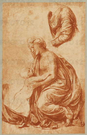 Photo reproduction of a drawing by Raphael (Madonna with child), photograph, photographer: Adolphe Braun & Cie., 1880 - 1900, pasteboard, paper, carbon print, paper on cardboard, height 322 mm x width 204 mm, A sepia-toned drawing on a textured paper background showing a seated figure draped in flowing cloth with visible folds and shading, the figure leaning forward with one arm extended toward a smaller figure who reaches upward; the seated figure has a softly rendered face and hair swept back, and the smaller figure is sketched with minimal detail. In the upper area of the image there is a separate study of a draped sleeve and bent arm rendered with strong lines and shadow. The composition is bordered by a narrow plain margin.