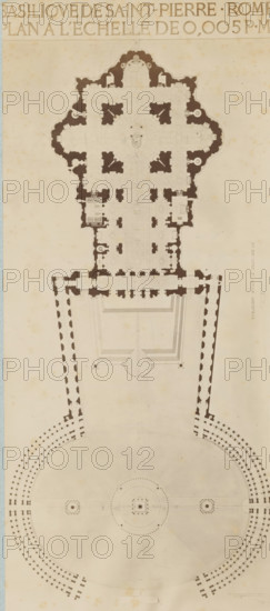 Photo reproduction of a map of St. Peter's Square and St. Peter's Basilica in Rome, BASILIQUE DE SAINT-PIERRE.ROME PLAN À L'ECHELLE DE 0.005 PM, photograph, reproduction, number: '40', photographer: Jean Pierre Emanuel Lampué, Europe, after print by anonymous, c. 1875 - c. 1900, Jean Pierre Emanuel Lampué, photographer, after print by, paper, pasteboard, albumen print, albumendruk, height 321 mm x width 140 mm, plan, architecture, Vatican City, St. Peter's Basilica, St. Peter's Square, A tall, vertical architectural drawing on aged paper showing a detailed floor plan of a large building connected to a broad semicircular plaza or forecourt, rendered in light tan and dark brown ink; the upper portion depicts a cruciform interior plan with rooms and niches shaded in dark brown and intricate patterning in the lighter areas, including a central circular space with surrounding smaller chambers and symmetrical arrangements; a rectangular entrance area with rows of shaded columns leads down to...