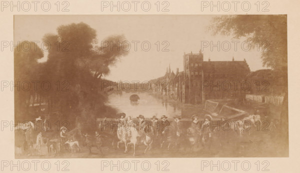 Photo reproduction of a painting of the Buitenhof, photograph, reproduction, annotation: 'The Buitenhof, May 1892, (after a painting in the St. Nicolaas Hospital in:) The Hague', annotation: 'The court in The Hague, after a painting in S. Nicolaas Hospital there, May 1892', after painting by anonymous, 1892, photographer, Attributed to, paper, pasteboard, albumen print, height 106 mm x width 201 mm, national government, pond, pool, The Hague, Buitenhof, A sepia-toned scene shows a river flanked by tall trees on the left and a large multi-storey building on the right, with smaller structures and a sloped roof visible along the riverbank; a boat sits in the water near the center and a rounded object floats farther back, while a bridge or walkway crosses the river in the distance. Along the foreground a group of people are gathered, some mounted on horses and others standing, many wearing wide-brimmed hats and period clothing; several dogs are near the people. The left side features dense...