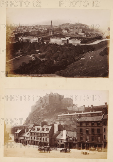 Edinburgh, from the castle, Edinburgh Castle, from the grass market, View of Edinburgh from Edinburgh Castle and Edinburgh Castle, album page, photograph, This page is part of an album., number: '230, JV', number: '485, c. 1875 - c. 1885, photographer, paper, albumen print, height 298 mm x width 236 mm, monument, statue, castle, A sepia-toned image composed of two wide photographic views mounted on a light background, the upper view showing a high vantage over a cityscape with a prominent Gothic spire rising from formal buildings set behind a tree-lined park, surrounding rooftops and streets stretching into the distance, arched bridges crossing a river, rolling grassy slopes in the foreground with paths and scattered trees, and the lower view depicting a rocky hill with a large stone fortress atop it, terraced buildings on the hillside, rows of multi-story stone and brick townhouses along a street, horse-drawn carts and wagons parked at the curb, and a few pedestrians visible on the pa...