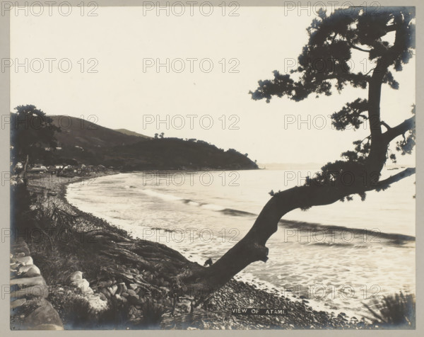 View of Atami, photograph, number: '25.', Atami, c. 1895 - c. 1915, photographer, paper, pasteboard, gelatin silver print, developing gelatin silver print, height 228 mm x width 288 mm, height 243 mm x width 329 mm, A black and white coastal scene showing a rocky shoreline with waves breaking along the beach, a large tree trunk and branches in the foreground extending out over the water with silhouetted foliage, a hillside and clustered buildings along the shore in the midground, gentle hills and distant headlands across the water, and a calm expanse of sea under a pale sky.