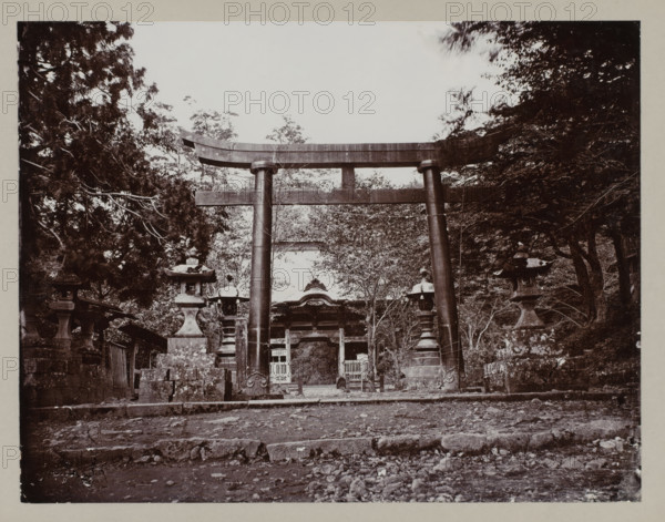 Torri, Ikaho, photograph, annotation: '43. Ikao.', c. 1895 - c. 1915, photographer, Kanto, paper, pasteboard, daylight collodion silver print, daylight collodion silver print on photo paper on cardboard, height 216 mm x width 279 mm, height 243 mm x width 329 mm, A large wooden torii gate stands centered in the scene with two tall vertical pillars and a curved horizontal lintel, flanked by stone lanterns on raised bases and stone steps leading toward the gate; behind the torii a smaller ornate wooden structure with a peaked roof and decorative carvings is visible, partially obscured by trees and foliage that frame both sides of the image, while the foreground shows a rough stone path and scattered small stones.