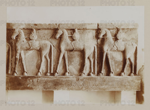 Frisian with warriors on horses, in a museum in Crete, photograph, At the bottom right the number is mirrored: 143., annotation: '62. Muzeum in Candia', unknown, c. 1895 - c. 1915, photographer, pasteboard, paper, daylight gelatin silver print, height 167 mm x width 233 mm, height 239 mm x width 328 mm, A carved stone frieze depicting a row of standing horses in profile with simple, rounded bodies and elongated legs, each horse shown with a bridle and a circular ornament near its neck, mounted on a rectangular panel with a patterned lower band of interlocking curved motifs, the surface showing cracks, chips, and weathered texture, and the entire relief presented against a pale background with visible borders.