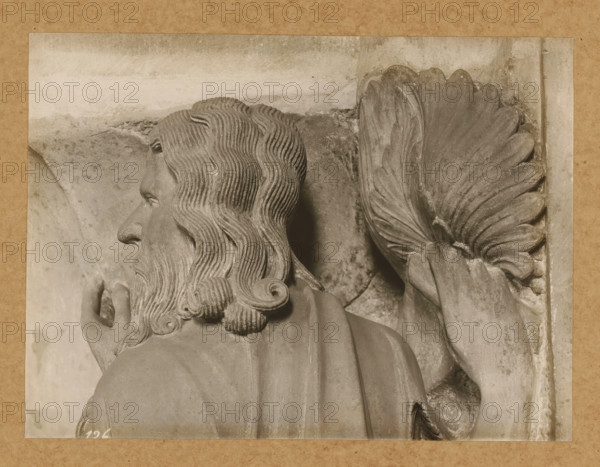 Georgenchorschranken 3 P. vr (Profil), Detail of the rood screen in the East Choir of Bamberg Cathedral, album page, photograph, This photo is part of an album., number: '126', Bamberg, 1900 - c. 1920, photographer, Bavaria, paper, baryta paper, gelatin silver print, developed gelatin silver print, height 167 mm x width 225 mm, interior of church, Bamberg Cathedral, A close-up photograph of a carved stone figure shown from the shoulders up and turned in profile, featuring wavy hair and a full beard with carved curls, a pronounced nose, and a visible ear; the figure wears a draped garment over the shoulders and holds one hand near the chest; next to the figure is a carved wing with layered feathers and a hand positioned beneath the wing; the stone surface shows variations in texture and subtle weathering, and the scene is bordered by a rectangular frame with a textured outer mat.