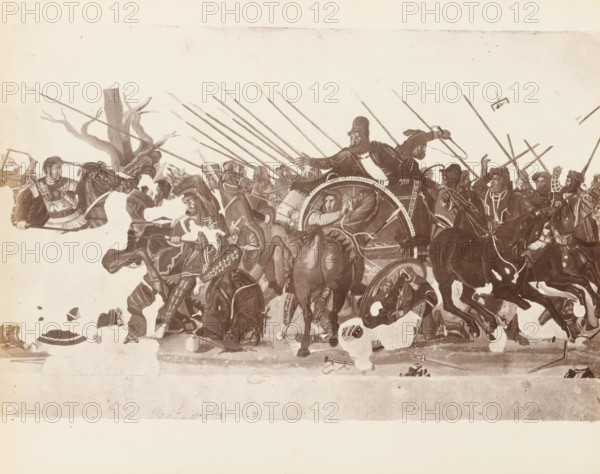 Photo reproduction of the Alexander Mosaic from the House of the Faun in Pompeii, album page, photograph, reproduction, This photo is part of an album., workshop stamp: 'Giorgio Sommer, Largo Vittoria, Napoli', number: '1569', photographer: Giorgio Sommer, Naples, 1874 - in or before 1879, paper, albumen print, height 202 mm x width 254 mm, Person, Alexander the Great, Darius III (King of Persia), floor-covering, Alexander fighting against Darius at Issus, A wide horizontal scene rendered in muted tones showing a chaotic battle with mounted figures, a chariot, spears held upright and angled across the composition, and several men wearing helmets and various garments. Horses with bridles and saddles are depicted in motion, some rearing or colliding, with visible legs and hooves. One chariot wheel with decorative rim is prominent near the center, and a seated figure inside the chariot holds reins. Faces of men show varied expressions and headgear, including some with rounded helmets and ...
