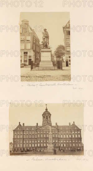 Views of Amsterdam, album page, photograph, View of the Botermarkt and the Royal Palace Amsterdam. This page is part of an album., 1871-02, photographer, paper, albumen print, height 356 mm x width 263 mm, Amsterdam, Royal Palace of Amsterdam, Botermarkt (Amsterdam), A vertical sheet shows two sepia photographic prints mounted one above the other against a pale background. The upper print depicts a cobblestone square with a fenced pedestal supporting a draped statue of a robed figure wearing a hat, flanked by narrow multi-storey brick buildings and a tree visible to the right; windows and architectural details of the adjacent buildings surround the statue. The lower print shows a large classical stone palace facade with many regularly spaced windows and a central domed tower, a tall sculpted monument in front of the building, small figures and horse-drawn vehicles along the frontage, and an expanse of open pavement in the foreground.