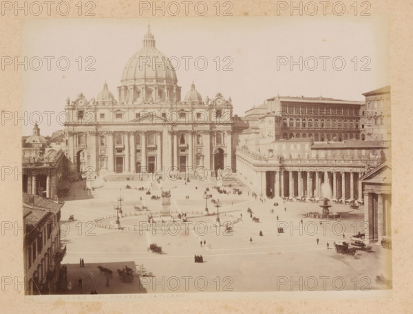 View of St. Peter's Square in Vatican City, album page, photograph, This photo is part of an album., inscription: '167 ST PIETRO COL PALAZZO VATICANO', Vatican City, 1870 - c. 1895, photographer, paper, pasteboard, albumen print, height 199 mm x width 256 mm, prospect of city, town panorama, silhouette of city, square, circus, church (exterior), St. Peter's Square, A large classical building with a central dome and ornate façade dominates the scene, flanked by colonnades and additional domes, with a tall obelisk rising in front of the main steps; a broad open square extends in front with circular stonework and a central fountain, surrounded by lampposts and low bollards; numerous small groups of people are scattered across the square, some near carriages and horses parked along the colonnades, while other figures stand on steps and near building entrances; surrounding structures include multi-story buildings with rows of arched windows and decorative cornices, and sculptural figures li...