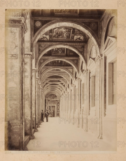 View of the Loggia of Raphael in the Apostolic Palace in Vatican City, album page, photograph, This photo is part of an album., inscription: '388 LOGGIA DI RAFFAELE PAL. VATICANO', Apostolic Palace, 1870 - c. 1895, photographer, Vatican City, paper, pasteboard, albumen print, height 258 mm x width 200 mm, gallery (spacious corridor), A long arched interior corridor with a series of repeating vaulted arches and decorated ceilings stretches into the distance, flanked on the left by tall ornate columns and on the right by a row of high windows set into a wall with pilasters and cornices; the ceiling panels show painted scenes and medallions, and there is scaffolding toward the far end of the corridor; two uniformed figures stand near the middle of the passage, one holding a long object, and the floor appears smooth and light in tone.