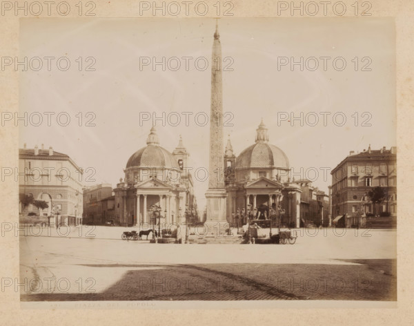 View of the Piazza del Popolo in Rome, album page, photograph, This photo is part of an album., inscription: '431 PIAZZA DEL POPOLO', Rome, 1870 - c. 1895, photographer, paper, pasteboard, albumen print, albumendruk, height 199 mm x width 258 mm, square, circus, triumphal column with helical friezes, Piazza del Popolo, A wide city square with a tall obelisk rising from a pedestal in the center flanked by two large domed churches with classical porticos and columns, ornate facades, and sculptural details; rows of buildings border the square on both sides, featuring multi-story façades with windows and tiled roofs; a cobblestone foreground leads to steps and lamp posts near the obelisk, where horse-drawn carriages, horses, and a few people are visible; the image has a faded, sepia-toned appearance and shows signs of age with light spots and subtle scratches.