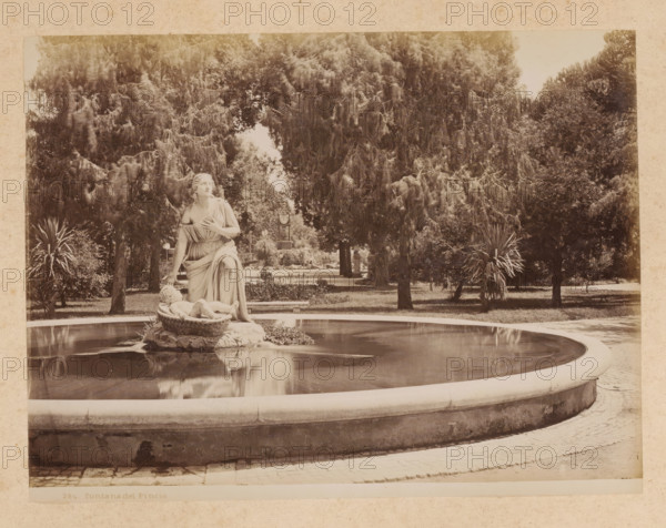 View of a fountain on the Pincio in Rome, album page, photograph, This photo is part of an album., inscription: '284. Fontana del Pincio', Rome, 1870 - c. 1895, photographer, paper, pasteboard, albumen print, height 195 mm x width 257 mm, ornamental fountain, Pincio, A sepia-toned photograph shows a circular stone fountain with still water reflecting a central sculptural group; the sculpture depicts a robed female figure seated on a decorative base with one hand near her chest and the other touching a reclining child figure within a carved basin, and the figures rest on ornate stonework at the fountain center; the fountain rim curves around the foreground and sits on a paved area; behind the fountain a formal garden area is visible with trimmed lawns, tall trees with dense drooping foliage, and clusters of spiky-leaved plants, while further back a stone columnar structure and garden benches appear partially obscured by the trees.