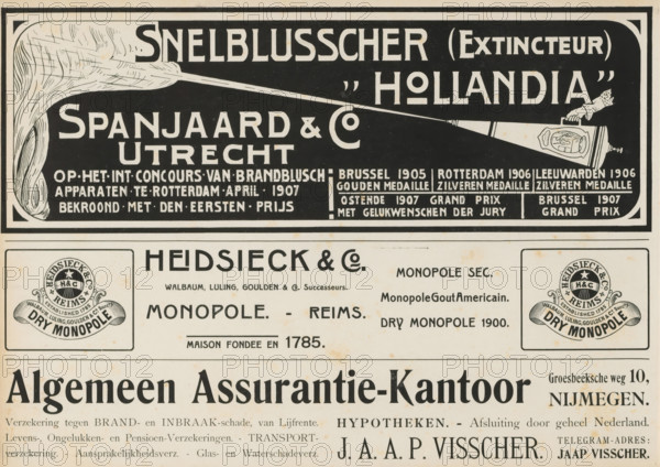 Advertisements, album page, Advertisements for, among others, Snelblusscher 'Hollandia', Heidsieck & Co., Algemeen Assurantie Kantoor and JAAP Visscher. This page is part of an album., Netherlands, in or after 1908, paper, printing, height 240 mm x width 324 mm, advertising, A printed poster fragment with a large dark rectangular block at the top containing a stylized illustration of a hand holding a long nozzle spraying a plume of fluid toward the left, decorative borders around the block, and bold graphic shapes; below that, a lighter rectangular section features two circular emblems in squared frames on either side and a central area with large, bold horizontal lettering and smaller lines of printed text; the bottom shows the top portion of a wider page filled with large bold heading type and several narrower lines of printed text beneath, all on a cream-colored, slightly aged paper background with small scattered spots.