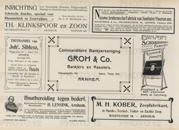 Advertisements, album page, Advertisements for, among others, Th. Klinkspoor and Son, New Arnhem Factory of Sanitary Floors etc. Hagenbeek & Co., Tea Trade of Johs. Siblesz, Limited Partnership Bank Groh & Co., First Dutch White Slate & Blackboard Factory, Kyanizing Facility & Timber Trade H. Lensink and Soap Manufacturer MH Kober. This page is part of an album., Netherlands, in or after 1908, paper, printing, height 240 mm x width 324 mm, advertising, The image shows a vintage newspaper page layout with multiple rectangular advertisement panels arranged across the page, decorative borders and ornamental corner designs, and varying typefaces; a large central bordered ad occupies the middle with a patterned corner motif and framed space; at right there is an illustrated easel stand holding a slanted board with a circular medallion-like design and an ornate top sign above the easel; the left column contains a narrow framed advertisement panel with decorative curved corners; the top area ...
