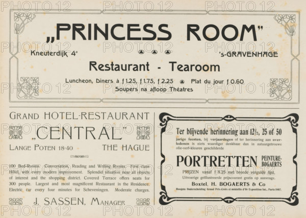 Advertisements, album page, Advertisements for, among others, 'Princess Room', Grand Hotel-Restaurant 'Central' and H. Bogaerts & Co. This page is part of an album., Netherlands, in or after 1908, paper, printing, height 240 mm x width 324 mm, advertising, A faded cream-colored printed page with decorative rectangular borders and floral corner ornaments, divided into sections by thin horizontal lines and ornate frames; bold dark geometric shapes and large typographic blocks appear at the top and center, with smaller blocks of printed lines and framed advertisement panels on the right; scattered light brown foxing spots and age stains are visible across the surface, and small decorative motifs flank some of the printed areas.