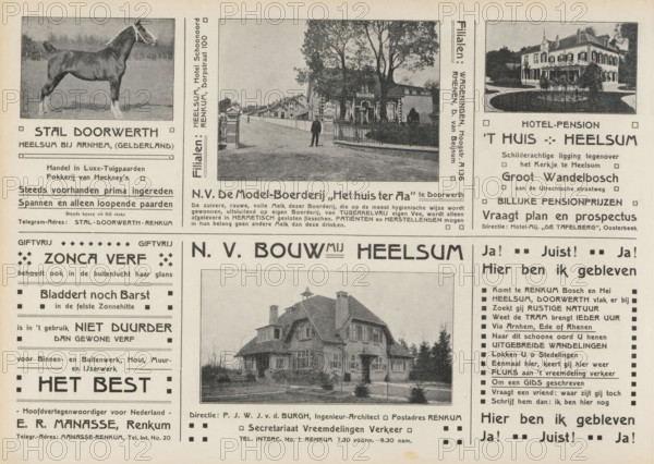 Advertisements, album page, photomechanical print, Advertisements for, among others, Stal Doorweerth, NV de Model-Boerderij het Huis ter Aa, Hotel pension 't Huis Heelsum, Zonca paint, and NV Bouwmij Heelsum. An autotype has been printed with almost all advertisements. This page is part of an album., Netherlands, in or after 1908, paper, printing, autotype, height 240 mm x width 324 mm, horse, advertising, civic architecture, edifices, dwellings, The image shows a vintage printed page with multiple black-and-white photographs and decorative layout blocks; visible are a side view photograph of a horse in a rectangular frame, a street scene with a man standing near an ornate gate and buildings with trees in the background, a large house with a rounded driveway and landscaped shrubbery, and a multi-story house with steep rooflines in another framed photograph, all surrounded by columns and boxed sections of printed content and ornamental borders.