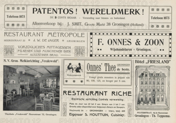 Advertisements, album page, photomechanical print, Advertisements for, among others, Patentos, Restaurant Métropole, F. Onnes & Zoon, NV Gron Vredewold, Onnes' Thee, Restaurant Riche and Hôtel Friesland. This page is part of an album., Netherlands, in or after 1908, paper, printing, autotype, height 240 mm x width 324 mm, restaurant, advertising, A vintage printed page showing multiple rectangular advertisement boxes arranged in a grid with decorative borders, ornamental corner motifs, and varied serif and display typography; one large headline box at the top contains bold capital letters centered with small lines and ornamental square patterns at the corners, and smaller framed panels with dots and squares flank it on either side; below this, a wide advertisement features a decorative border of small squares and a large bold name in capital letters to the right, while the left side displays stylized ornamental flourishes and lines of smaller text; a photographic image of an interior d...