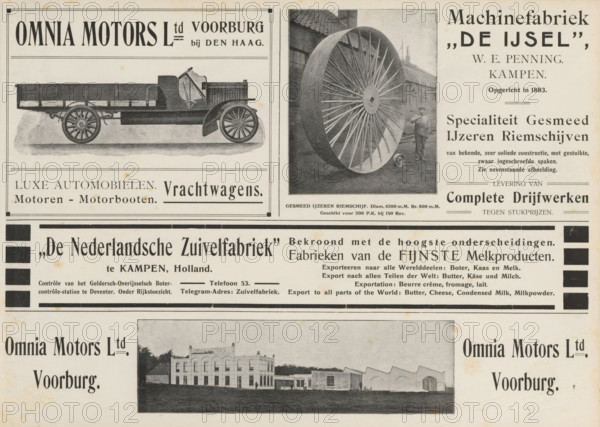 Advertisements, album page, photomechanical print, Advertisements for Omnia Motors Ltd, Machinefabriek de IJsel and De Nederlandsche Zuivelfabriek in Kampen. An autotype has been printed with some advertisements. This page is part of an album., Netherlands, in or after 1908, paper, printing, autotype, height 240 mm x width 324 mm, historical persons, exterior of industrial structures, factories, advertising, civic architecture, edifices, dwellings, A vintage printed advertisement page with a large illustration of a flatbed truck showing a side view with spoked wheels and a driver’s seat, a photographic image of a large spoked wheel propped upright next to a standing man, and a panoramic photograph of an industrial building complex; the layout includes rectangular framed sections, horizontal rules, and bold typographic blocks, with areas of aged paper discoloration and small foxing spots.