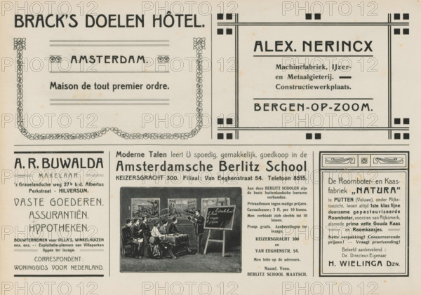 Advertisements, album page, Advertisements for, among others, Brack's Doelen Hotel, Alex Nerincx, AR Buwalda, Amsterdamsche Berlitz School and Natura Butter and Cheese Factory. This page is part of an album., Netherlands, in or after 1908, paper, printing, height 240 mm x width 324 mm, advertising, A rectangular printed page with multiple bordered advertisement panels arranged in rows, featuring decorative corner elements and horizontal rules, a large ornate rectangular frame at the top left filled with floral chain-like borderwork and horizontal lines, a tall rectangular panel at the top right enclosed by a double-line border with corner square motifs and a central area containing stacked centered lines, a narrower vertical column along the left edge containing stacked blocks of varying type sizes, a central illustration showing a classroom scene with seated figures facing a standing instructor at a blackboard, ornamental framed panels at the lower right with decorative header panels ...