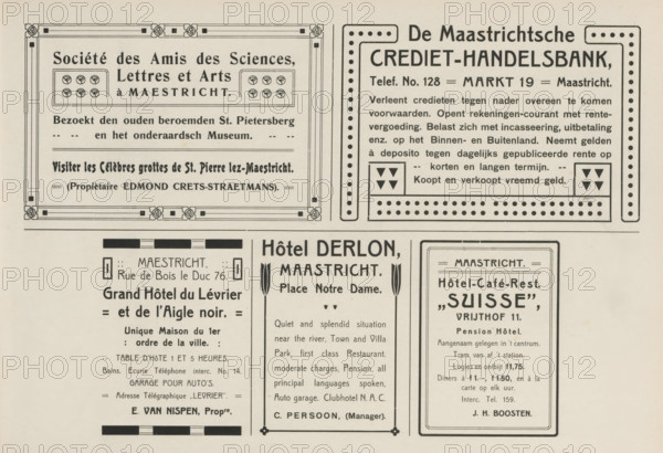 Advertisements, album page, Advertisements for, among others, Société des Amis de Sciences, Lettres et Arts à Maestricht, De Maastrichtse Crediet-Handelsbank, Grand Hôtel du Lévrier, Hôtel Derlon and Hôtel-Café-Rest. Suisse. This page is part of an album., Netherlands, in or after 1908, paper, printing, height 240 mm x width 324 mm, advertising, A section of a printed page with multiple rectangular advertisement panels arranged in a grid, each panel bordered with decorative lines and geometric corner motifs; the top left panel has a double-lined ornate frame with small circular emblem boxes and a central area filled with rows of printed lines; the top right panel features a dotted border with a thick inner frame and small triangular decorative clusters near the bottom corners; below, three vertical panels sit side by side separated by thin margins, the center panel framed with thin lines and small vertical decorative elements at the top and bottom, while the right panel has a rounded r...