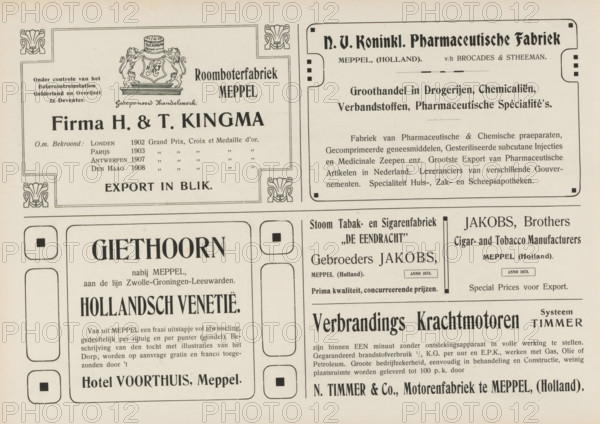 Advertisements, album page, Advertisements for, among others, Butter Factory Meppel Firma H. & T. Kingma, NV Koninkl. Pharmaceutical Factory v, h. Brocades & Steenman, Hotel Voorthuis, Steam Tobacco and Cigar Factory De Eendracht Gebr. Jakobs and N. Timmer & Co. Motor Factory. This page is part of an album., Netherlands, in or after 1908, paper, printing, height 240 mm x width 324 mm, advertising, A printed page showing multiple rectangular advertisement blocks with decorative borders and ornamental corner motifs, featuring a coat of arms with two lion figures supporting a shield topped by a cylindrical object, various ornamental flourishes, and large bold headings; several columns of smaller printed lines arranged in paragraphs, framed boxes with rounded inner squares, and a mix of bold and regular serif type; the paper has a light beige tone and slight aging marks near the edges.