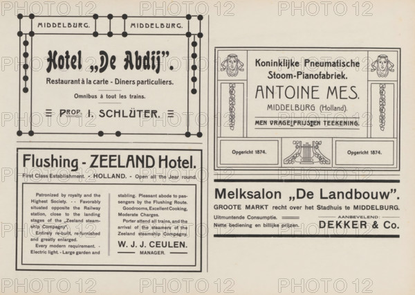 Advertisements, album page, Advertisements for, among others, Hotel de Abdij, Royal Pneumatic Steam Piano Factory Antoine Mes, Flushing-Zeeland Hotel and Milk Salon De Landbouw. This page is part of an album., Netherlands, in or after 1908, paper, printing, height 240 mm x width 324 mm, advertising, The image shows a vintage printed page with several framed advertisements arranged in a grid; the left side features a large rectangular ad with decorative corner dots and bold stylized heading lettering above smaller lines of copy, and below it another bordered ad with a wide bold headline and blocks of smaller paragraph text inside a double-lined frame; the right side displays a tall bordered advertisement with ornamental vertical panels containing small illustrated faces at the top and decorative floral columns, a central area with large heading type and smaller lines beneath, and a lower band containing a decorative lyre illustration flanked by boxed panels; thin black rules and borderl...