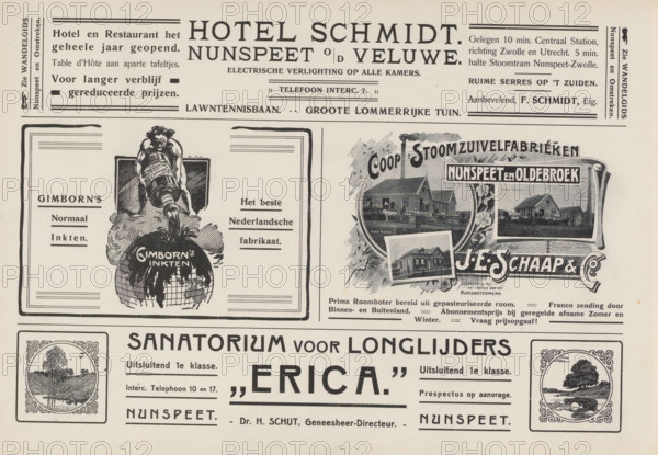 Advertisements, album page, photomechanical print, Advertisements for, among others, Hotel Schmidt, Gimborn's Inks, Coop Steam Dairy Factory JE Schaap&Co. and Sanatorium for Lung Patients Erica. This page is part of an album., Netherlands, in or after 1908, paper, printing, autotype, height 240 mm x width 324 mm, factory-building, advertising, The image shows a vintage printed page with decorative borders and multiple rectangular advertisement panels. At the top center is a large rectangular header with bold ornate lettering flanked by thin horizontal rules and small stacked rectangular text blocks. Below and to the left is an illustrated panel featuring a muscular figure pouring liquid from a large tilted container into a spherical vessel with textured shading and bold strokes, all enclosed by a thick bordered frame. To the right of that is an ornate panel with floral embellishments, oval and rectangular framed photographs or illustrations of buildings and a smokestack, and stylized b...