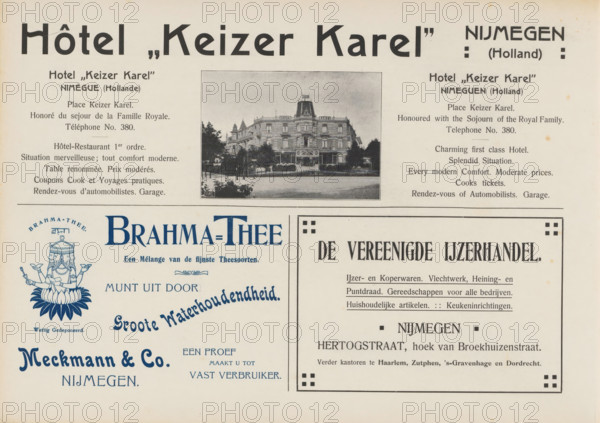 Advertisements, album page, photomechanical print, Advertisements for, among others, Hôtel Keizer Karel, Brahma Tea, and the United Ironmongery. An image is included next to the advertisement for Hôtel Keizer Karel. This page is part of an album., Netherlands, in or after 1908, paper, printing, autotype, height 240 mm x width 324 mm, advertising, hotel, hostelry, inn, The image shows a printed page with a central rectangular photograph of a multi-story building with a pitched roof and decorative cornices, surrounded by empty space and bordered sections; the top area features large bold headings, and the left and right columns each contain blocks of smaller printed paragraphs; below the photograph the left side contains a blue ornamental illustration of a seated multi-armed figure above stylized decorative lettering, while the right side contains a framed rectangular advertisement box with a bold title and multiple lines of smaller text; the page background is off-white with small age s...