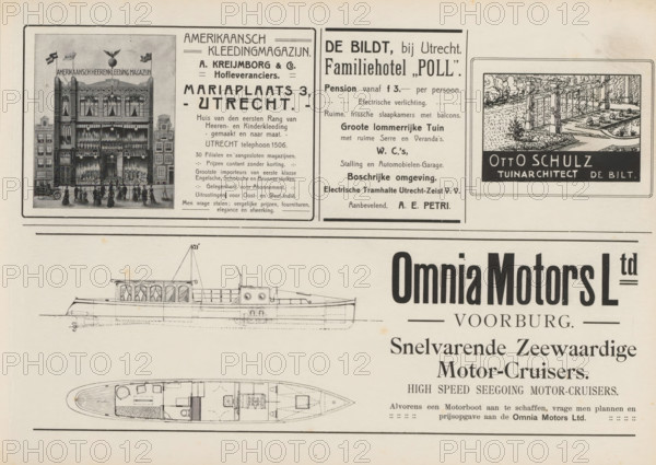 Advertisements, album page, photomechanical print, Advertisements for, among others, Amerikaansch Kledingmagazijn A. Kreijmborg, Familiehotel Poll, Landscape Architect Otto Schultz and Omnia Motors Ltd. This page is part of an album., Netherlands, in or after 1908, paper, printing, autotype, height 240 mm x width 324 mm, advertising, hotel, hostelry, inn, A printed advertisement page showing a detailed elevation drawing of a motor cruiser with a side view and an overhead deck plan, positioned beneath a horizontal border; above the boat drawings are three boxed panels containing illustrations and typographic blocks, including a rectangular panel with a building facade and small figures on a street, a narrow column with multiple lines of decorative text, and a square panel with a landscape sketch and a dark rectangular base; the sheet has light aging spots and thin black rule lines framing sections.