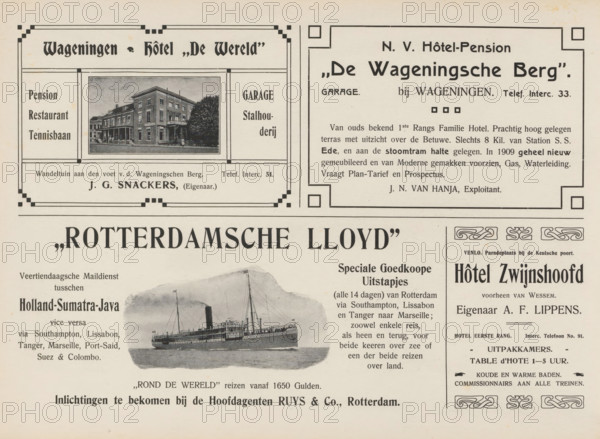 Advertisements, album page, photomechanical print, Advertisements for, among others, Wageningen Hotel De Wereld, NV Hôtel-Pension De Wageningsche Berg, Rotterdamsche Lloyd and Hôtel Zwijnshoofd. The advertisements for Hotel De Wereld and Rotterdamsche Lloyd are provided with an image. This page is part of an album., Netherlands, in or after 1908, paper, printing, autotype, height 240 mm x width 324 mm, advertising, hotel, hostelry, inn, ships (in general), The image shows a vintage printed page with boxed advertisement panels and ornamental borders, a small grayscale photograph of a multi-story brick building with a veranda and trees in front, a grayscale illustration of a steamship on water with masts and funnels, decorative corner motifs, and various blocks of printed type arranged around the images.