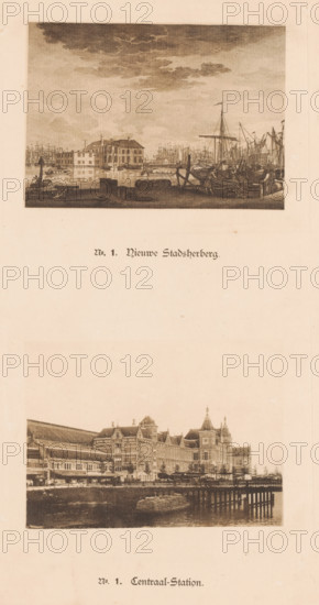 Two views of Amsterdam Central Station, one of which is a reproduction of a print of the new city inn by Caspar Jacobsz. Philips after Jan de Vlaming, No. 1. Central Station, No. 1. New City Inn, reproduction, photomechanical print, These prints are part of an album., after print by Caspar Jacobsz. Philips, after drawing by Jan de Vlaming, publisher: Johan Marinus Schalekamp, Amsterdam, 1890 - 1900, Caspar Jacobsz. Philips, after print by, paper, collotype, photoprint, height 348 mm x width 250 mm, height 98 mm x width 137 mm x height 101 mm x width 137 mm, city-view in general, 'veduta', station, shelter (railway, tramway), Amsterdam Central Station, A vertically oriented page with two sepia-toned rectangular images separated by a wide blank area. The top image shows a harbor scene with many sailing vessels clustered along the waterfront, masts and rigging forming a dense pattern, a large building set back from the water with smaller boats moored nearby, and a cloud-filled sky above. ...