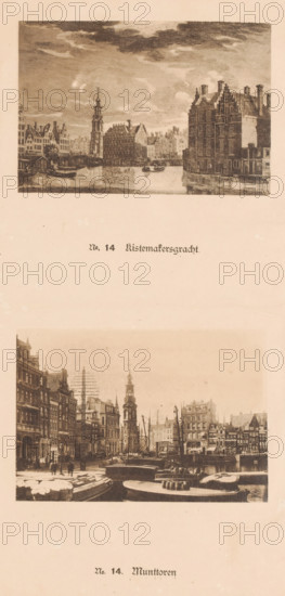 Two views of the Binnen-Amstel and the Munttoren in Amsterdam, one of which is a reproduction of a print by Paulus van Liender after Jan de Beijer, No. 14. Kistemakersgracht, No. 14. Munttoren, reproduction, photomechanical print, These prints are part of an album., after print by de Coppier, after drawing by Jan de Beijer, publisher: Johan Marinus Schalekamp, Amsterdam, 1890 - 1900, de Coppier, after print by, paper, collotype, photogravure, height 348 mm x width 250 mm, height 93 mm x width 137 mm x height 93 mm x width 136 mm, canals, waters (in city) (city(-scape) with figures, staffage), street (city(-scape) with figures, tower, clock tower, monumental adornment, Binnen-Amstel, Munttoren, English Houses, Doelensluis, A vertical page shows two sepia-toned images of a canal city with rows of tall narrow buildings along the water and boats moored at the quay; the upper image presents a waterfront view with a tall ornate clock or bell tower rising among gabled buildings, reflected in ...