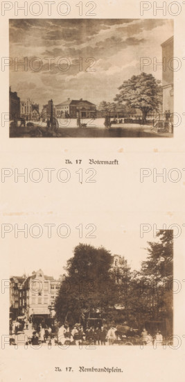 No. 17. Botermarkt, Two views of the Botermarkt and Rembrandtplein in Amsterdam, one of which is a reproduction of a print by Caspar Jacobsz. Philips, No. 17. Rembrandtplein, reproduction, photomechanical print, These prints are part of an album., after print by Caspar Jacobsz. Philips, publisher: Johan Marinus Schalekamp, Amsterdam, 1890 - 1900, Caspar Jacobsz. Philips, after print by, paper, collotype, photoprint, height 348 mm x width 250 mm, height 101 mm x width 140 mm x height 98 mm x width 139 mm, square, circus, etc. (city(-scape) with figures, staffage), weigh-house, Botermarkt (Amsterdam), Boterwaag (Amsterdam), Regulierswaag, Waag on the Botermarkt, Reguliersmarkt, A vertically oriented page with two sepia-toned rectangular images separated by blank space; the top image shows a wide open square with a classical building at center, a large tree to the right, figures and small carts scattered across the paved area, low buildings along the left edge, a sky filled with layered c...