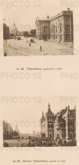 No. 24. Theatre burned down in 1890, Two views of the old and new Theatre on Leidseplein, No. 24. New Theatre opened in 1894, photomechanical print, These prints are part of an album., publisher: Johan Marinus Schalekamp, Amsterdam, 1894 - 1900, paper, collotype, photogravure, height 348 mm x width 250 mm, height 96 mm x width 134 mm x height 96 mm x width 139 mm, square, circus, etc. (city(-scape) with figures, staffage), theatre (building), Stadsschouwburg (Amsterdam), Schouwburg Leidseplein (1774-1890), Leidseplein, A vertically oriented, sepia-toned sheet shows two historic street scenes one above the other separated by blank space; in the upper scene a large ornate stone building with columns and sculpted details sits at a cobbled square with a few scattered pedestrians and a horse-drawn carriage, tram tracks curving across the foreground, and buildings and a domed church visible in the background; the lower scene depicts a grand multi-towered building with turrets and decorative ...