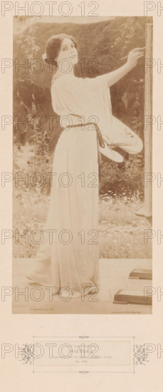 Reproduction of painting 'Pictura' (1901) by Max Nonnenbruch (1857-1922), photograph, Reproduction of painting 'Pictura' (1901) by Max Nonnenbruch (1857-1922)., caption: 'Deposited by GUSTAV SCHAUER, Kunstverlag, Berlin, Louis Wolff & Co., London W. 245 Tottenham Court Road., FISHEL, ADLER & SCHWARTZ, New York, 373 Fifth Avenue.', check stamp: 'G. Schauer', inscription: 'M. Nonnenbruch.1901. Copyright by ? Gustav Schauer Berlin', label: 'MAX NONNENBRUCH, PICTURA., COPYRIGHT 1902 BY GUSTAV SCHAUER, BERLIN, No. 2441', photographer: Gustav Schauer, after painting by Max Nonnenbruch, 1902, pasteboard, paper, albumen print, albumendruk, height 249 mm x width 116 mm, height 485 mm x width 375 mm, A full-length portrait of a woman standing outdoors in a long flowing light-colored gown, shown in profile with her head turned slightly toward the viewer and a faint smile on her face, her dark hair pinned back with a flower. She holds a palette and brushes at her side and reaches up with one arm t...