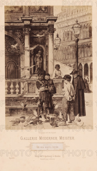Reproduction of painting 'Vor dem Marcus Thurm' by Adolf Echtler (1843-1914), Gallerie Moderner Meister, photograph, Genre scene with a priest, children on a square., caption: 'Photographie nach dem Originale., GALLERIE MODERNER MEISTER, A. Echtler: VOR DEM MARCUS THURM., Registered, Verlag von Fr. Hanfstaengl in Munich, Vervielfältigung vorbehalten, Déposé', photographer: Franz Hanfstaengl Kunstverlag A.-G., Munich, c. 1880 - c. 1900, Bavaria, pasteboard, paper, albumen print, height 247 mm x width 174 mm, height 478 mm x width 319 mm, A sepia-toned street scene shows an ornate stone building facade with columns, balustrades, and a sculpted figure in a niche, flanked by two tall lamp posts and an arcade of arches in the background; several pigeons are flying and pecking on the ground. In front of the building, a woman in a worn dress stands holding a small child while another child in tattered clothing stands nearby looking down; a man wearing a dark long coat and hat stands beside th...