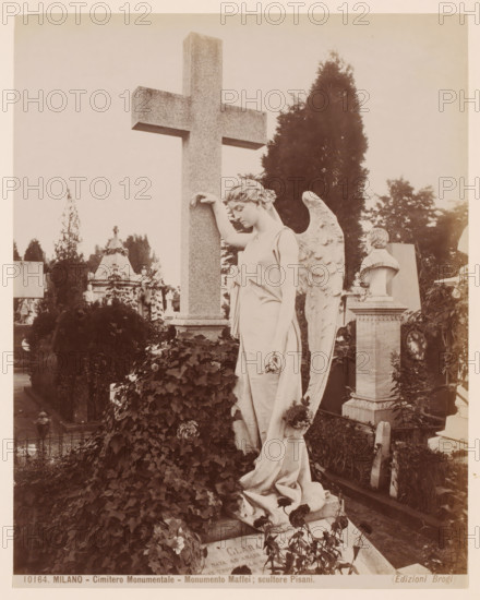 Monumento Maffei, Cimitero Monumentale, Milan, Italy, photograph, Angel sculpture by ... Pisani, Cimitero Monumentale cemetery, Italy., caption: '(EDIZIONI BROGI)', caption: '10776. MILANO - Cimitero Monumentale - Edicola Fossati, architetto Ernesto Quadri.', photographer: Edizioni Brogi, Florence, publisher: Giacomo Brogi, c. 1860 - c. 1890, Tuscany, pasteboard, paper, albumen print, height 252 mm, width 198 mm x width 510 mm, height 330 mm, Lombardy, A tall stone cross stands behind a marble statue of a winged female figure leaning with one arm against the cross and the other hand holding a small wreath, the figure wearing a draped gown and looking downward; the statue is surrounded by leafy plants and climbing ivy covering a mound in front, with a carved bust on a pedestal and other tomb monuments visible in the background, along with tall trees and scattered grave markers.