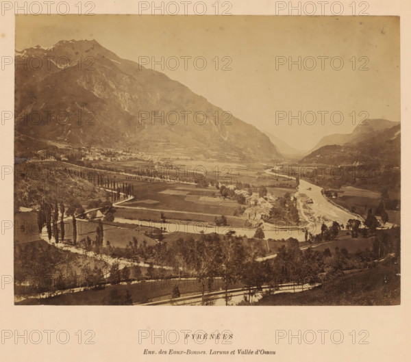 PYRÉNÉES, Environs des Eaux-Bonnes, Laruns et Vallée d 'Ossau', France, photograph, Wide view of a valley with a river and surrounded by mountains., caption: 'LAFONT LIBRAIRE ÉDITEUR, 40 ALLÉE D'ETIGNY A LUCHON', caption: 'PYRÉNÉES, Environs des Eaux-Bonnes. Laruns et Vallée d 'Ossau', date: '9 October 1884.', vendor: Lafont, Luchon, 1884-10-09, photographer, pasteboard, paper, albumen print, height 190 mm, width 253 mm x width 365 mm, height 341 mm, Pyrenees, A wide sepia-toned landscape photograph shows a valley flanked by steep, rugged mountains with rocky slopes and traces of vegetation, a river winding through the valley from the distant background toward the foreground, cultivated fields and rectangular plots arranged across the valley floor, clusters of buildings and small houses near the river, rows of tall slender trees lining roads and field edges, a few bridges crossing the river, and the nearer foreground filled with scattered trees and pathways leading toward the fields.